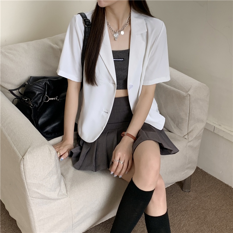 XIAOZHAINV Blazer Crop TopV Korean Style Lengan Pendek Jaket Wanita