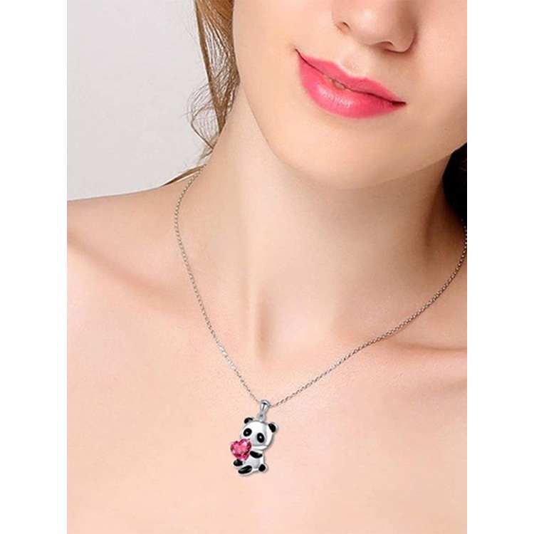 Kalung Rantai Liontin Panda Hati Aksen Berlian Warna Silver Untuk Aksesoris Sweater