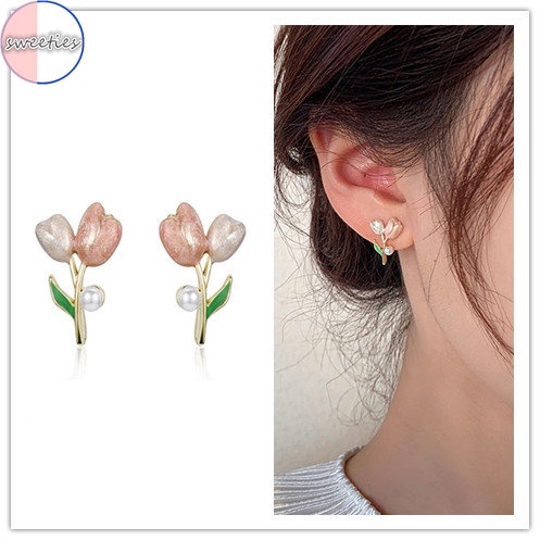 2022 Anting Tusuk Bentuk Bunga Tulip Warna pink Gaya retro Untuk Wanita