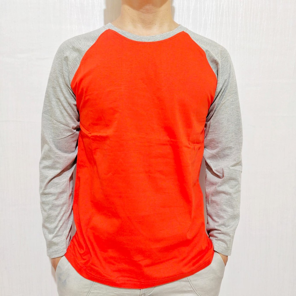 Kaos polos reglan orange lengan abu misty panjang M L XL XXL