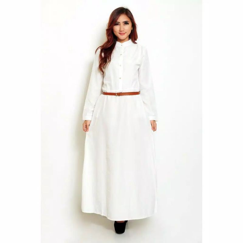 Long Dress Gamis Maxi Tangan Panjang Polos - Givtha Production WHite chambray,