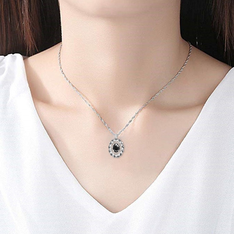 Fancyqube Kalung Sterling Silver 925 Dengan Liontin Batu Akik Kuarsa Bening Bentuk Oval Warna Hitam Untuk Wanita