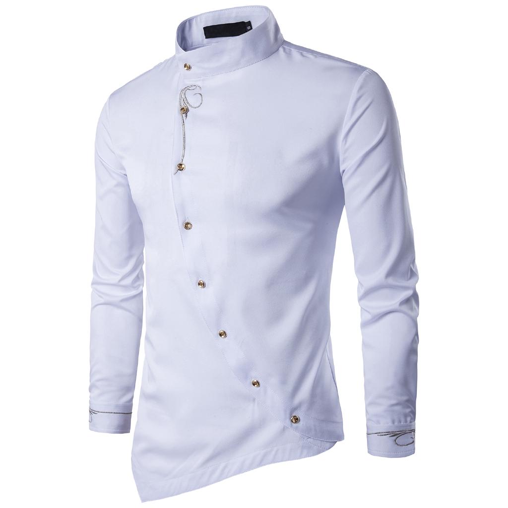 Kemeja Casual Pria Slim Fit Lengan Panjang Kerah Tegak  Hem 