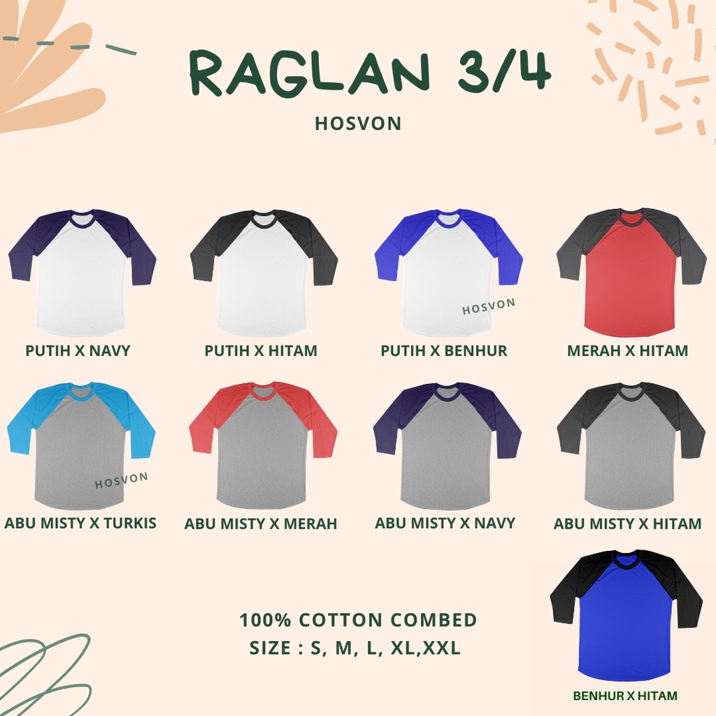 [LANGSUNG DARI PABRIK] Hosvon Kaos Polos Raglan Lengan 3/4 COTTON COMBED 20s Size S-XXL ( UNISEX )