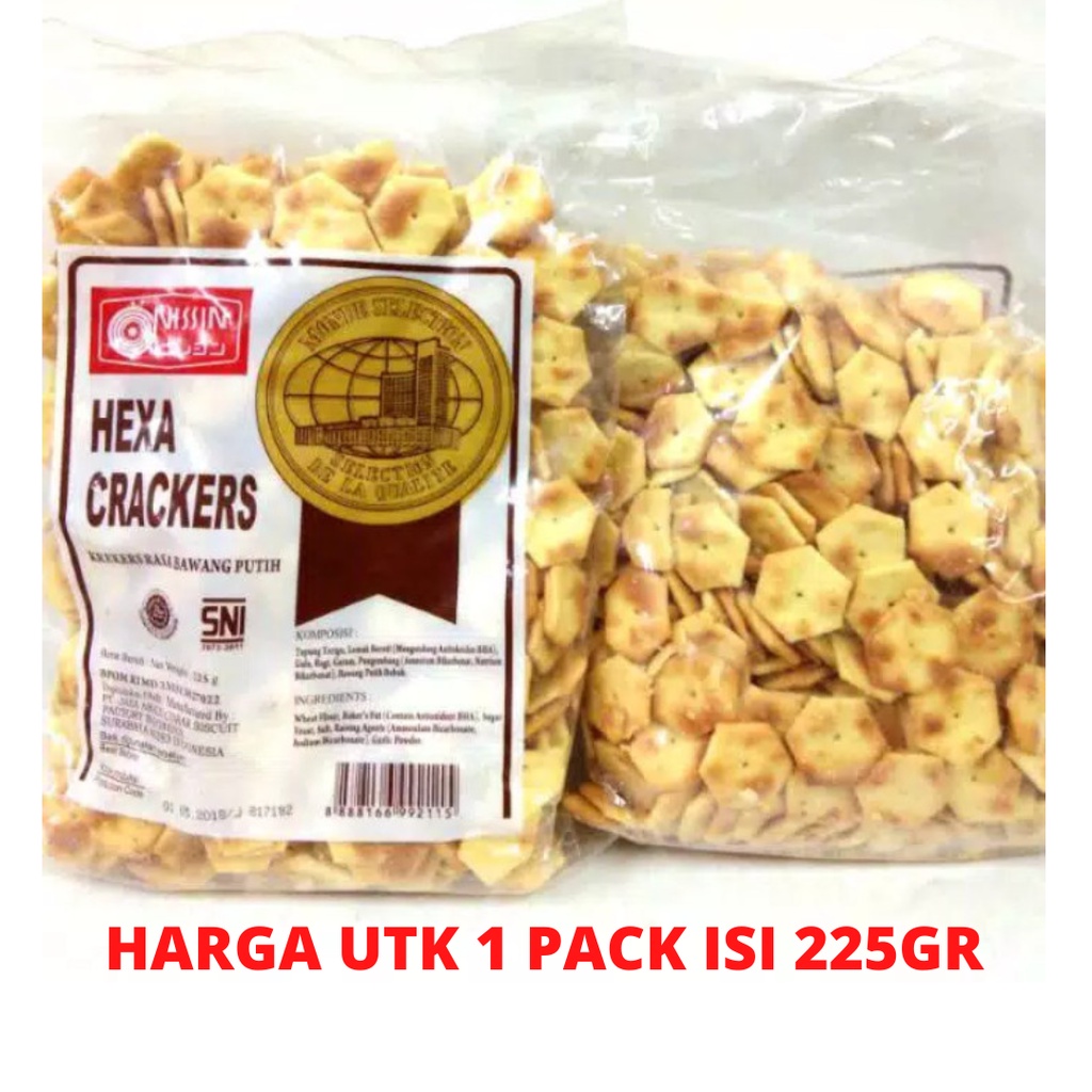 

Camilan - Snack Nissin Hexa Crackers Rasa Gurih kemasan 225 gram - Rasa bawang putih Renyah