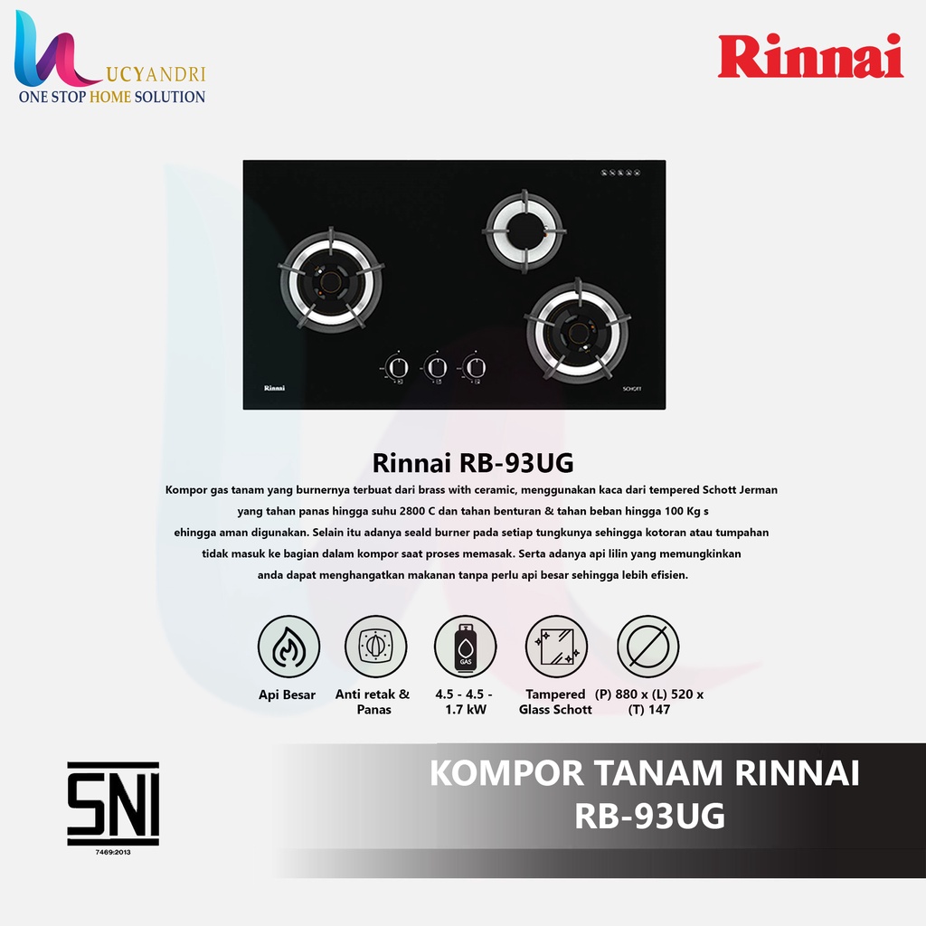 Rinai Kompor Gas Tanam 3 Tungku Rinnai RB-93UG / RB 93 UG  ORIGINAL