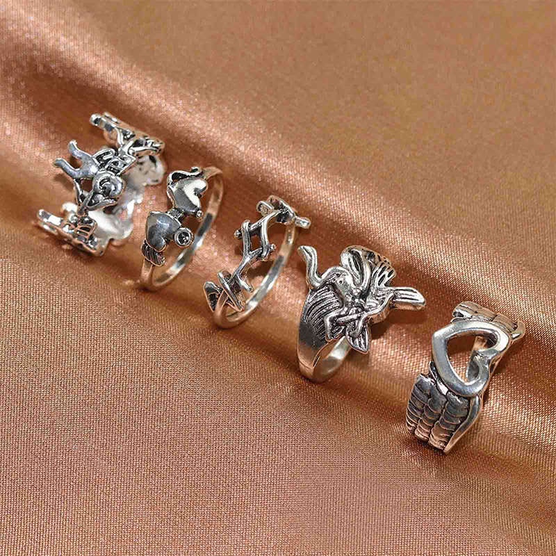 Fancyqube Set Perhiasan Cincin Bentuk Sayap Malaikat Kupu-Kupu Hati Lapis Perak Gaya Gothic Punk Vintage Untuk Wanita