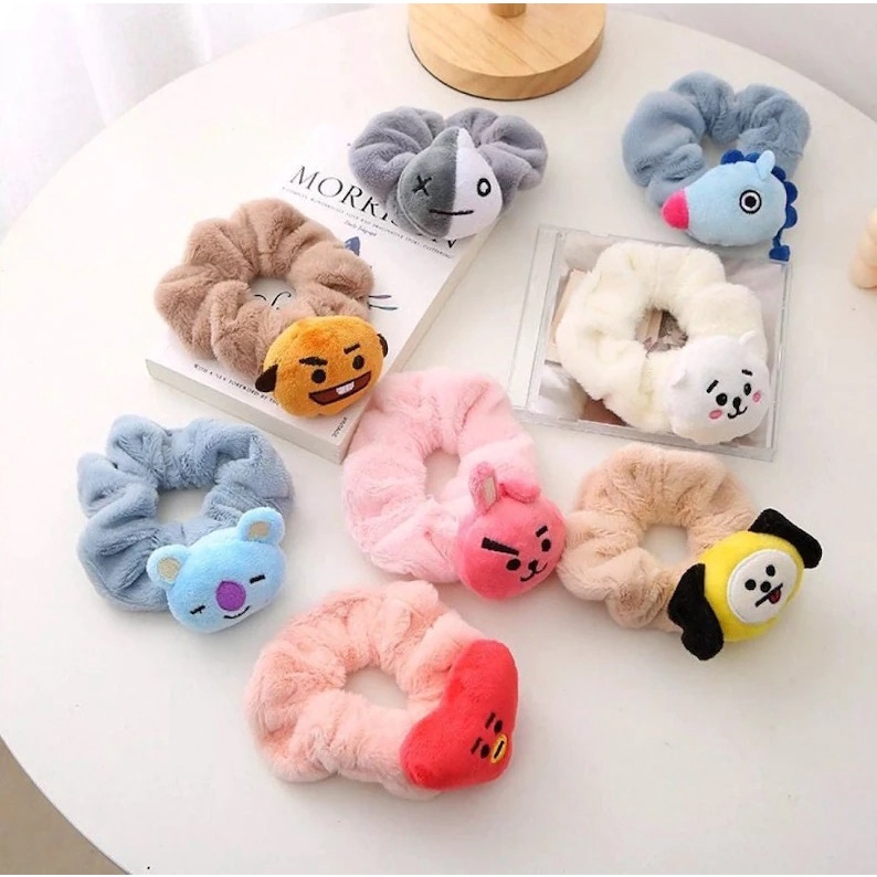 Ikat Rambut Karet Bulu KARAKTER BT21 Motif Kartun Lucu BTS