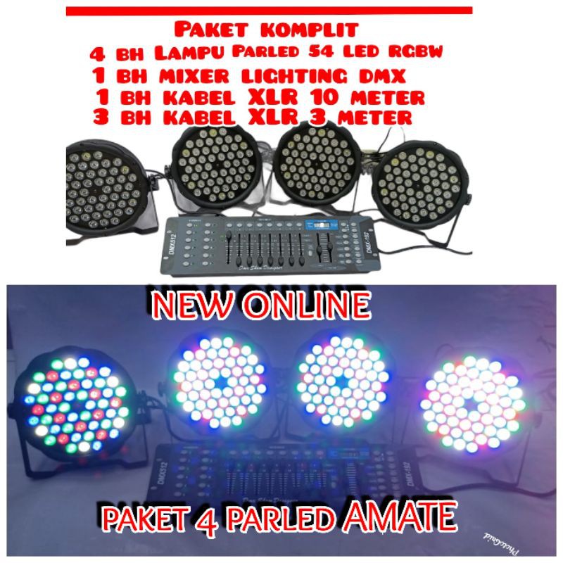 PAKET PARLED 4 PCS LAMPU PARLED AMATE 54 LED RGBW+MIXER LIGHTING DMX KOMPLIT