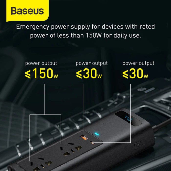 Baseus Car Charger Inverter DC to AC EU 150w Plug - AC Plug - USB Port - Type C Power Delivery - Garansi Resmi 6 Bulan