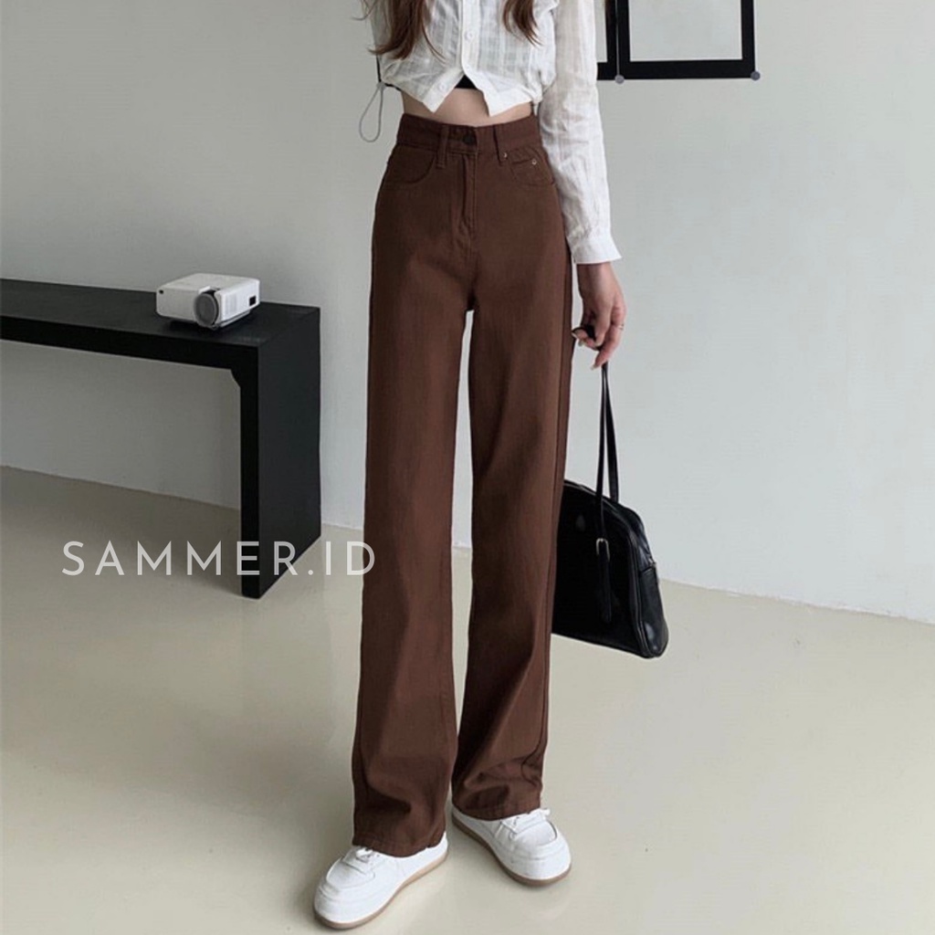 SAMMER.ID - BROWN COKLAT DENIM JEANS HIGHWAIST BOYFRIEND CELANA WANITA CEWEK KULOT PANTS CUTBRAY SM1