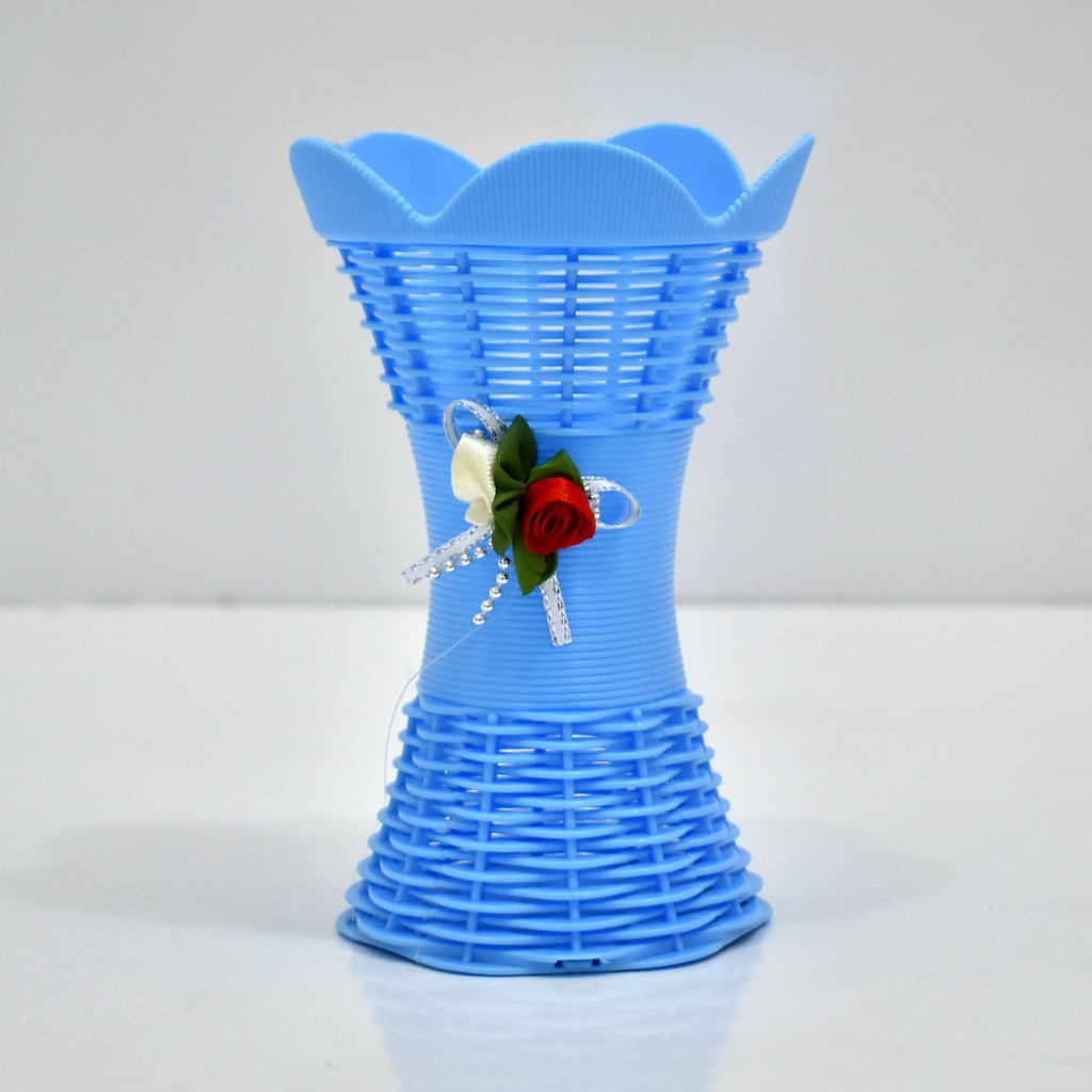 COD POT BUNGA PLASTIK VAS BUNGA PLASTIK POT BUNGA ROTTAN POT BUNGA HIASAN MEJA VAS  ROTTAN PB5013-BIRU