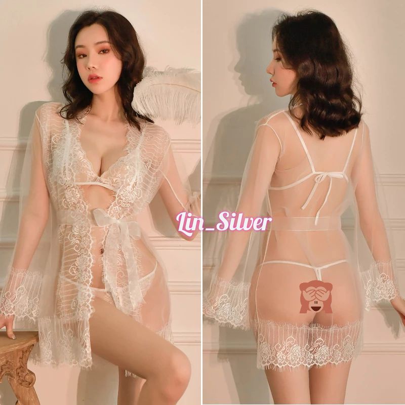 [ Set Isi 4 ] Lingerie Kimono Seksi Transparan Brookat Cantik Hitam Putih S M L