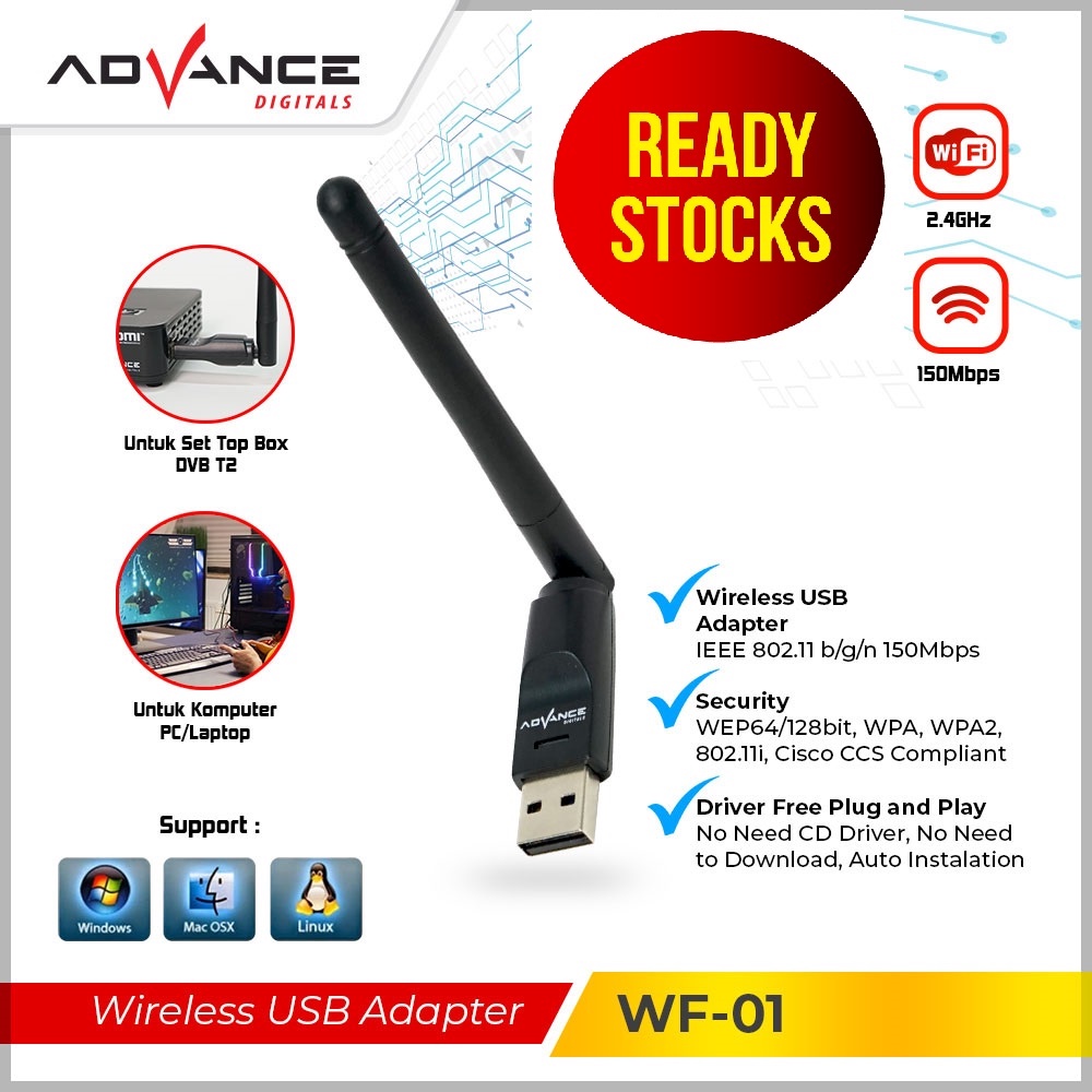 【Garansi 1 Tahun】Advance USB Dongle Wifi Wireless Adapter Receiver WF-01 150Mbps Komputer PC Laptop Set Top Box