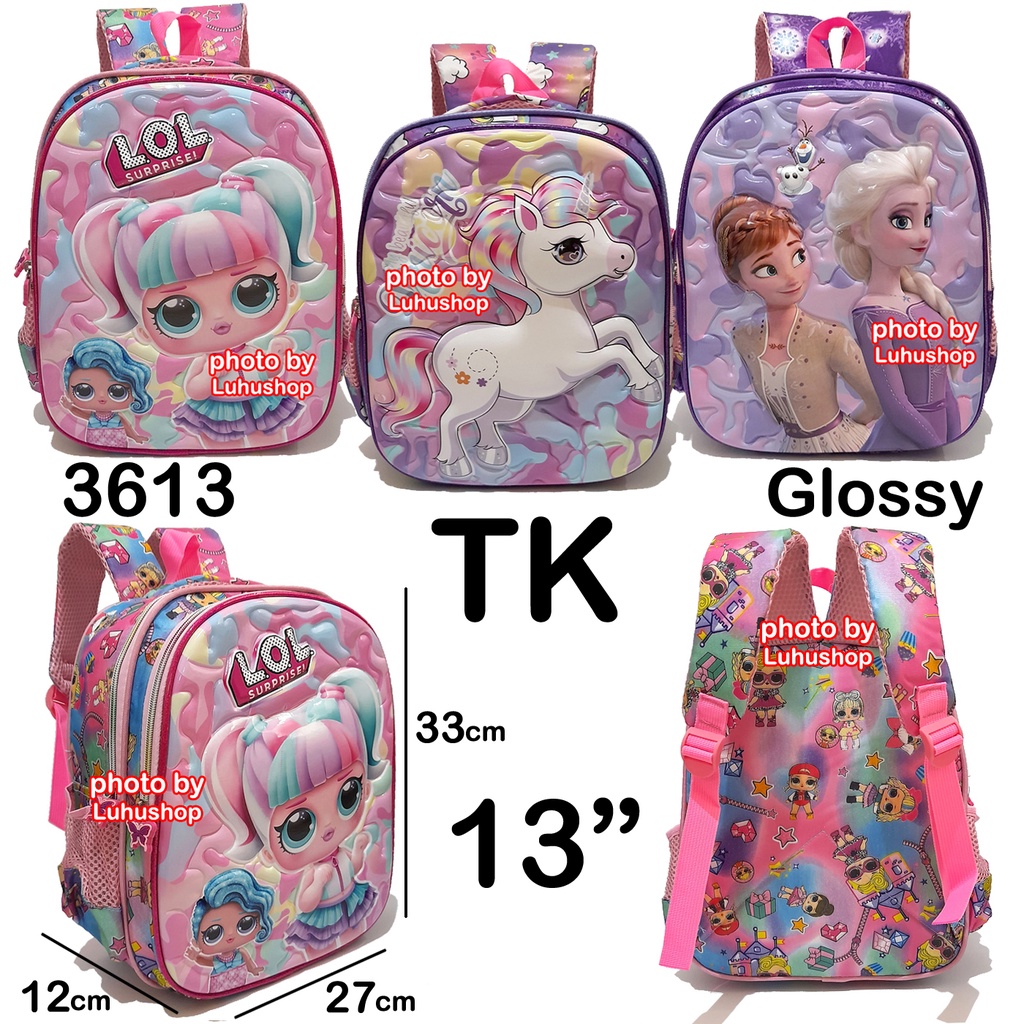 import Tas Glossy SD TK Ransel Anak Sekolah Cewe Perempuan Kuda Unicorn Elsa Timbul LOL Prosen