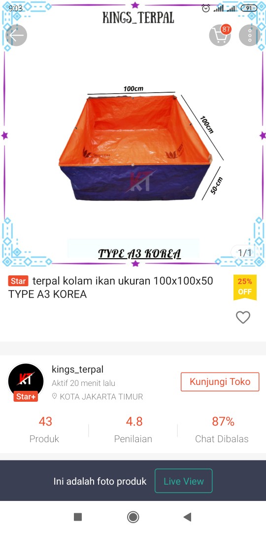 Terpal Kolam Ikan Ukuran 100x50x50 Type A3 Korea Original100%
