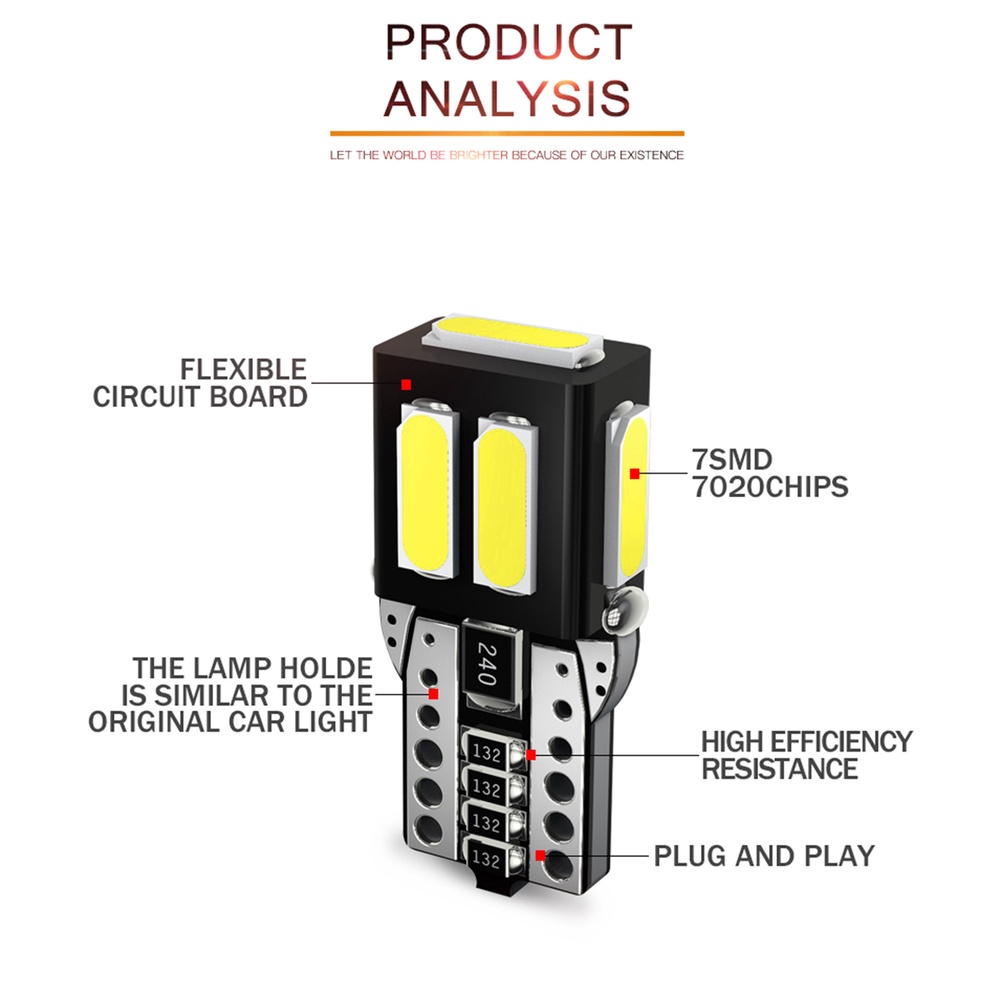 1pc Lampu LED T10 W5W 7020 Chips 7 SMD 194 501 CANBUS Warna Putih Untuk Plat Nomor Mobil