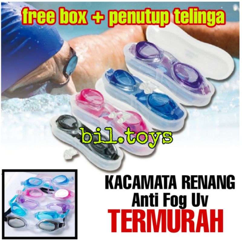 KACAMATA RENANG ANTI FOG UV GRATIS BOX DAN PENUTUP TELINGA TERMURAH