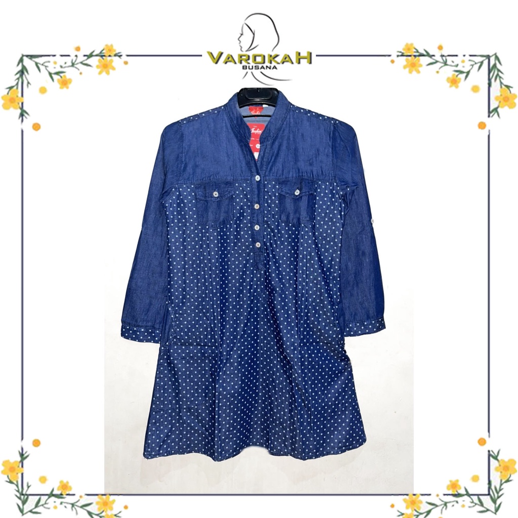 TUNIK JINS TUNIC JEANS PRINTING KOMBINASI MOTIF POLKADOT