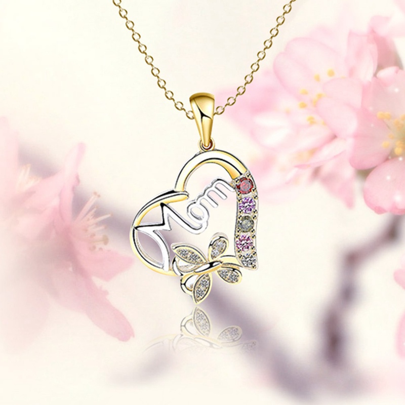 Silver Love Heart Mom Pendant Chain Necklace Cubic Zircon Mum Mother's Day Gift