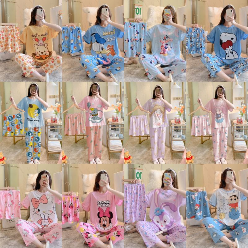 Aneka Piyama Baju Tidur Spandex Import 3in1 Snoopy Pooh Mickey Donald Doraemon Chibi Maruko Chip Dale Daisy