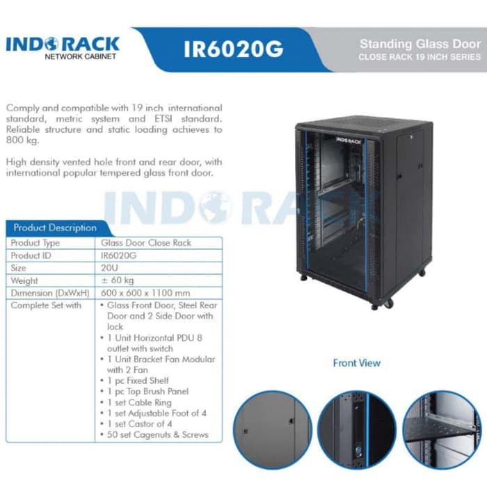 Indorack IR6020G Standing Close Rack 19&quot; 20U Glass Door Depth 600mm STANDING CLOSE RACK 20U