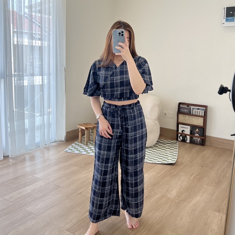 Linen Crop Set Panjang Wanita