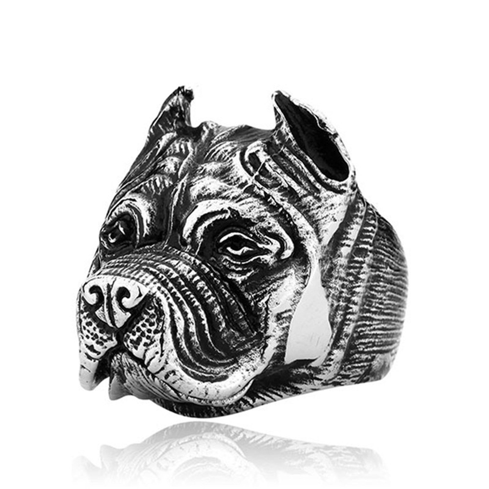 Cincin Desain Anjing Pitbull Gaya Vintage Punk Warna Silver untuk Pria