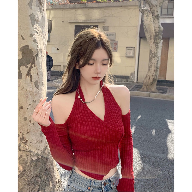 impor kemeja wanita bottoming halter neck sweater off-shoulder atasan tidak beraturan sweater V-neck