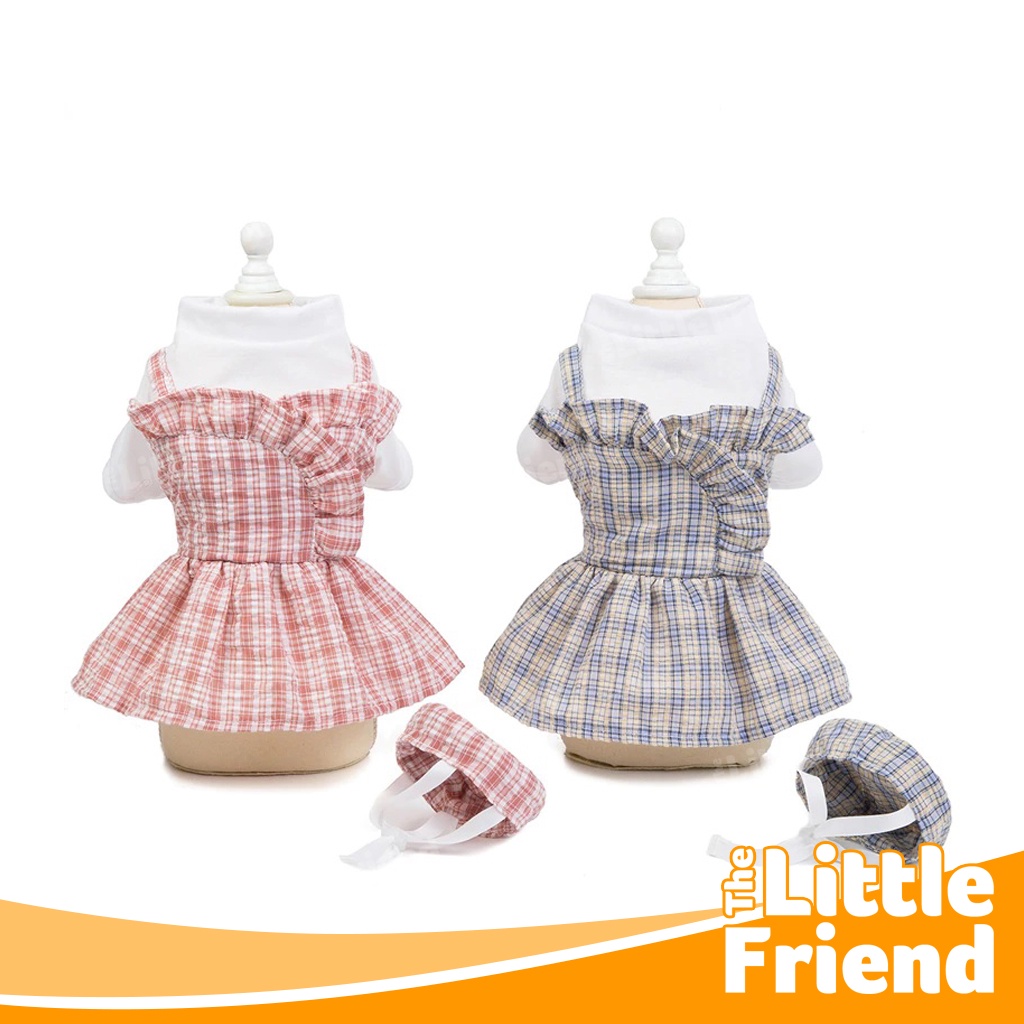 Baju Dress Anjing Kucing Set Uniform dan Topi Tartan Plaid 2 Colors