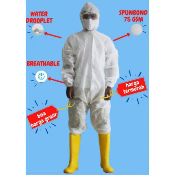 APD MEDIS HAZMAT COVERALL DISPOSABLE BOHO TASLAN SPUNBOND 75GSM PAKAIAN MEDIS COVID CORONA