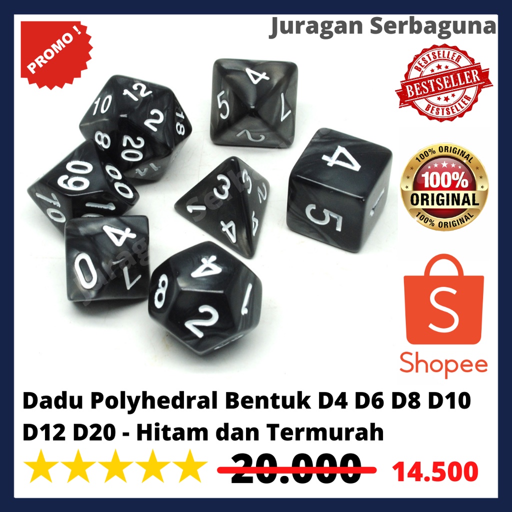 Dadu Polyhedral Bentuk D4 D6 D8 D10 D12 D20 - Hitam dan Termurah