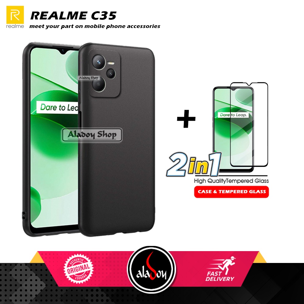 Case Black Matte Realme C35 2022 New Casing + Tempered Glass Full Cover