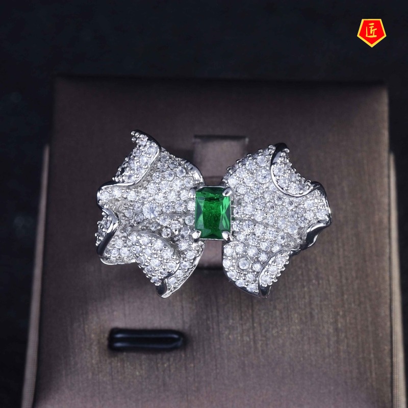 [Ready Stock]Luxury Fashion Micro Inlay Full Diamond Bow Emerald Ring