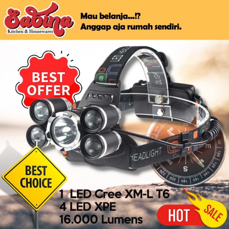 Headlamp 5 LED Cree Lampu Senter Kepala Outdoor 16000Lumens Waterproof