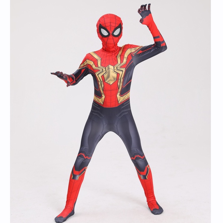 Hadiah untuk keponakan Halloween kostum spiderman merah hitam baju cosplay superhero anak + topeng impor