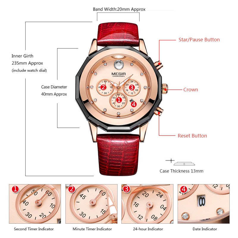 MEGIR 2042 Jam Tangan Wanita Analog Chronograph Tali Kulit WATCHKITE WKOS