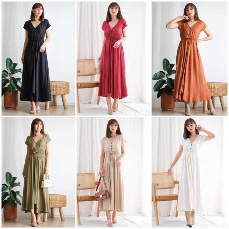 ⚡️CLEARANCE SALE ♡ PREMIUM ♡ ORIGINAL ! YULISA VINTAGE V-NECK BUTTON ASYMMETRIC RAMPLE MAXI DRESS ( BUSUI FRIENDLY )