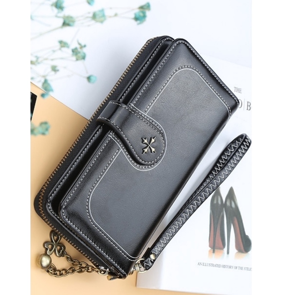 DOMPET PANJANG WANITA BAELLERRY KULIT HITAM DOVENA RESLETING WA593B5 IMPORT  PREMIUM KARTU UANG KOIN TALI PENDEK REMAJA KEKINIAN BRANDED KOREA BATAM