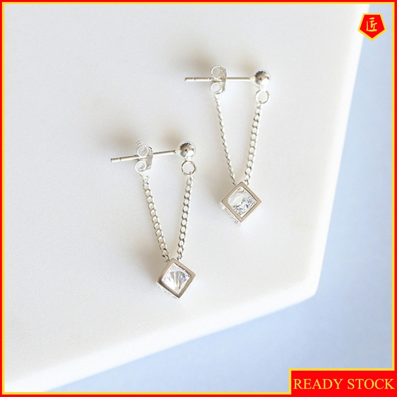 [Ready Stock]925 Silver Hollow Rubik's Cube Diamond Stud Earrings for Women