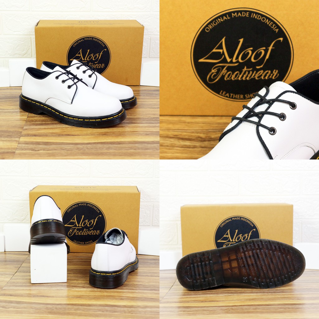 37-45 Aloof Delow - Sepatu Formal Unisex Kulit Asli Model Docmart 3 Hole Pria Wanita-Putih