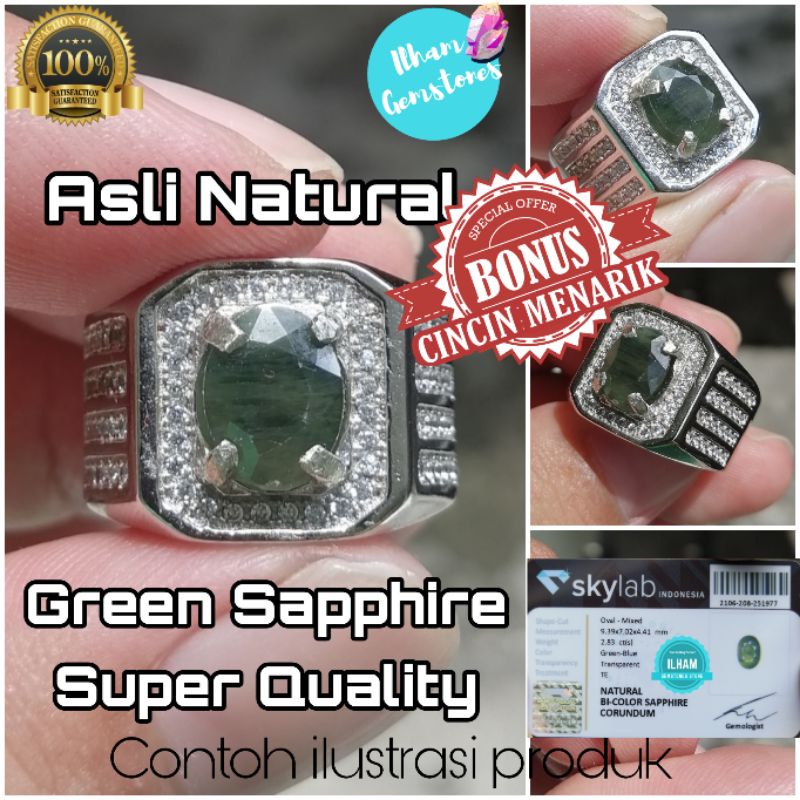 Cincin Permata Green Safir Asli Natural Sapphire Ring Alpaka