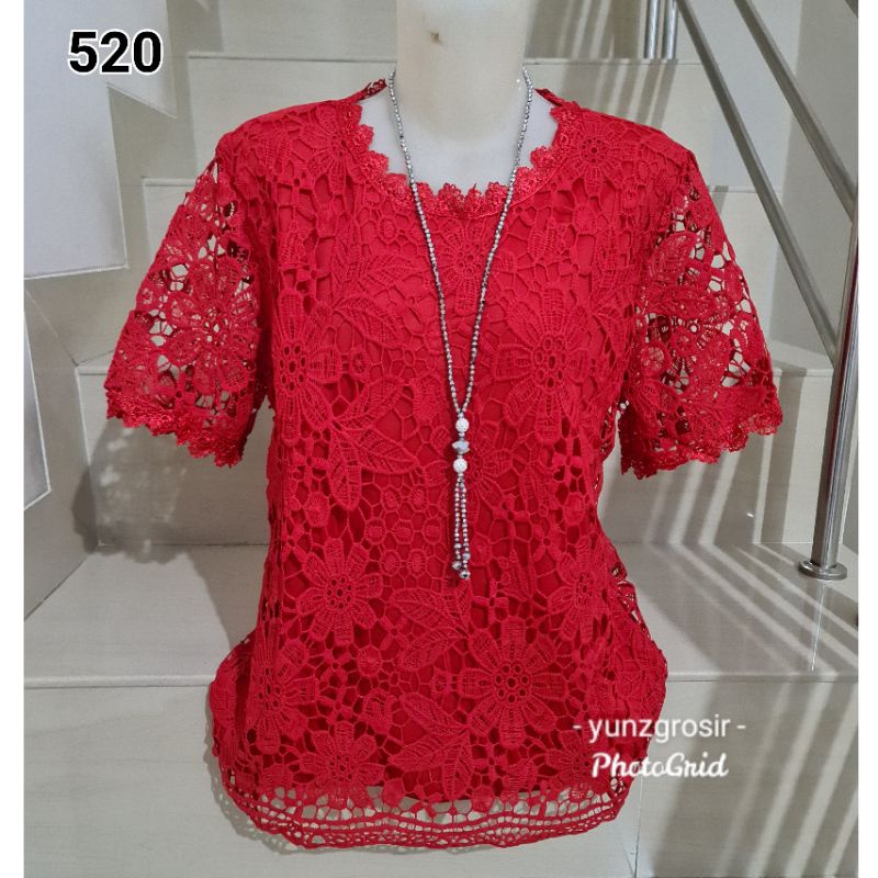 Blouse Brukat Putih, Hitam, Warna Tangan Pendek Import Size XL, 2XL, 3XL-520 Merah