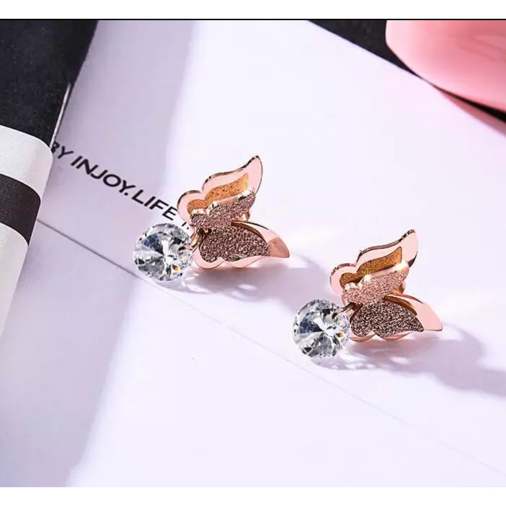 Anting Tusuk Titanium Kupu-Kupu Diamond Gantung Tersedia Warna Rosegold, Gold dan Silver