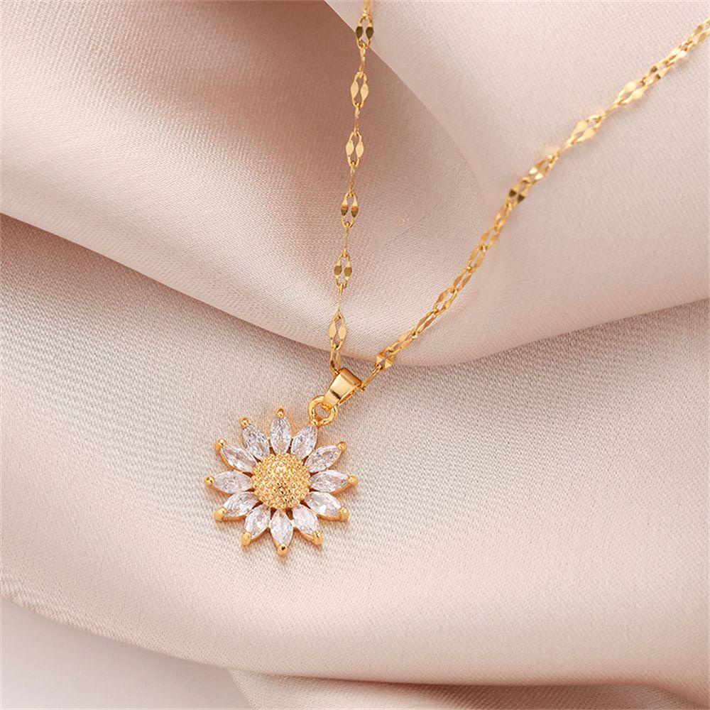 Top Sunflower Kalung Fashion Shiny Titanium Steel Boho Perhiasan Liontin Kristal