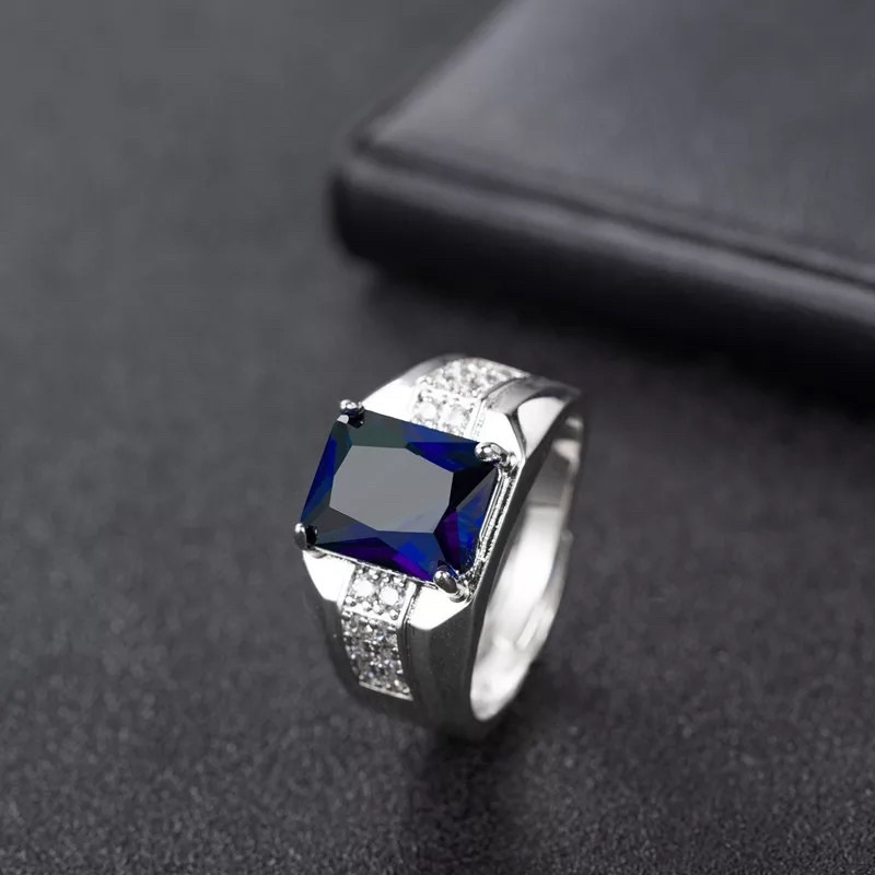 Cincin Pria Perak Blue Saphire Batu Safir Royal Biru Minimalis Elegan Kantoran