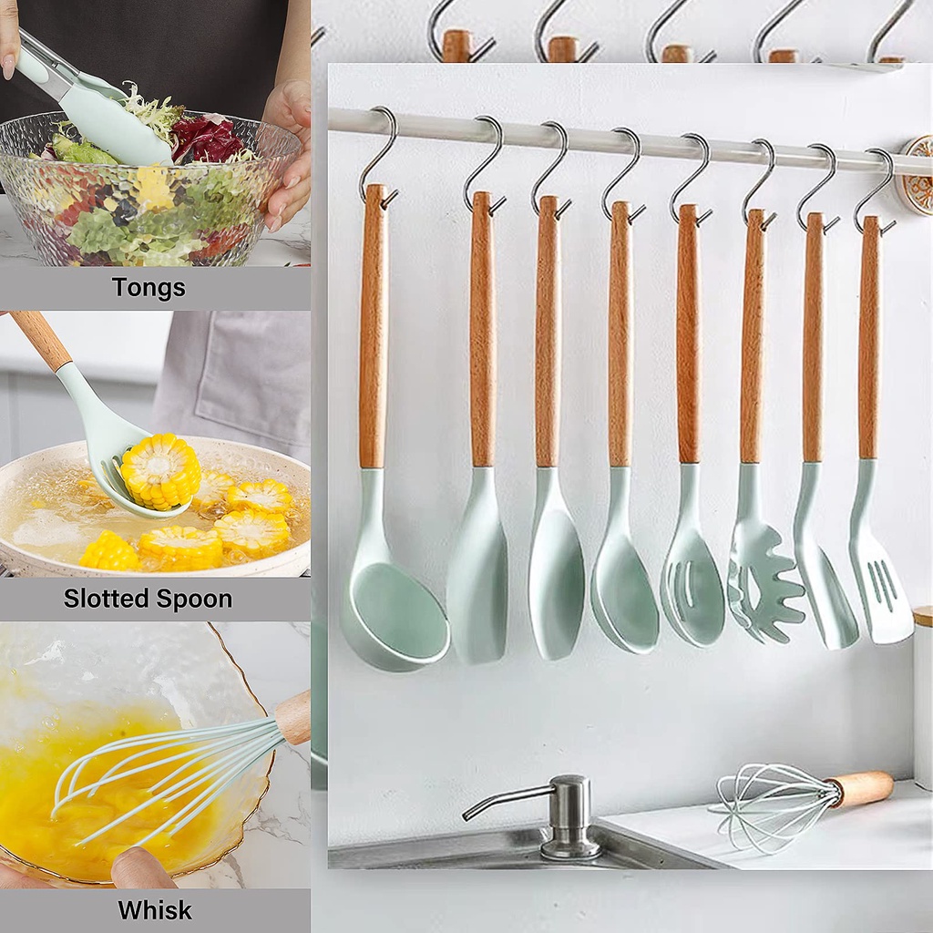 #Termurah!!! Peralatan Alat Masak Spatula Sutil Silikon Set 11 / Sillicone Utensil Kitchen Set/Spatula Peralatan Masak sutil pegangan kayu baking set