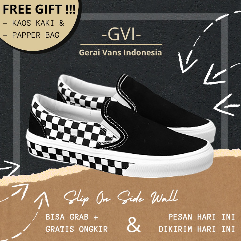 (GRATISSS!!!) VANS SLIP ON SIDEWALL CHECK BLACK WHITE WAFFLE DT PREMIUM BNIB