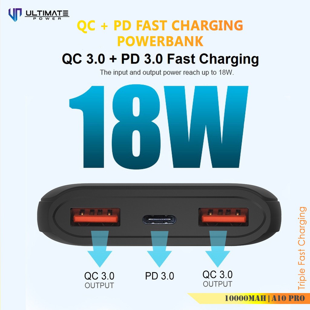 Power bank 10000mAh Fast Charging A10 PRO Ultimate Power QC+PD  Original Promo