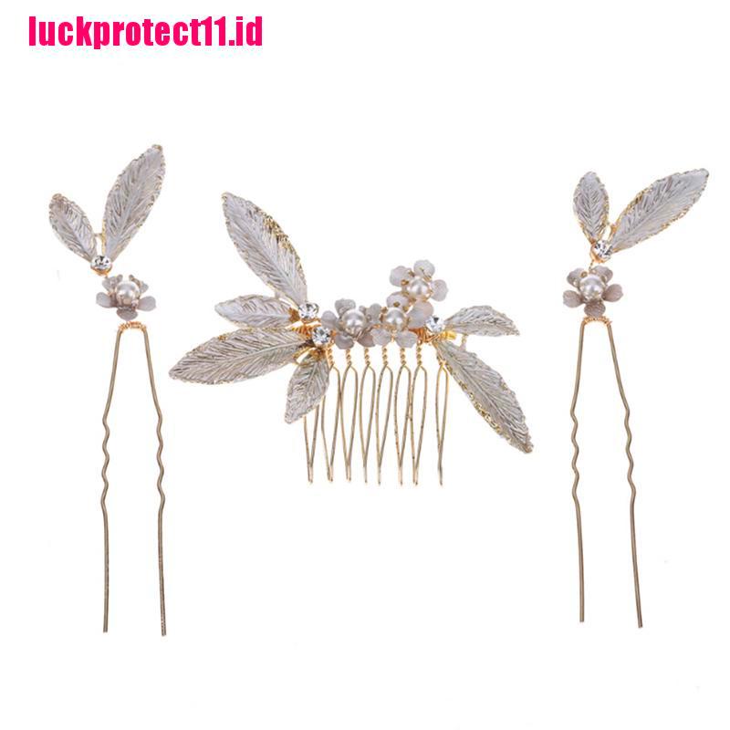 (LUCK) 3pcs / Set Jepit Rambut Model Sisir Aksen Daun + Mutiara Imitasi Untuk Pengantin Wanita